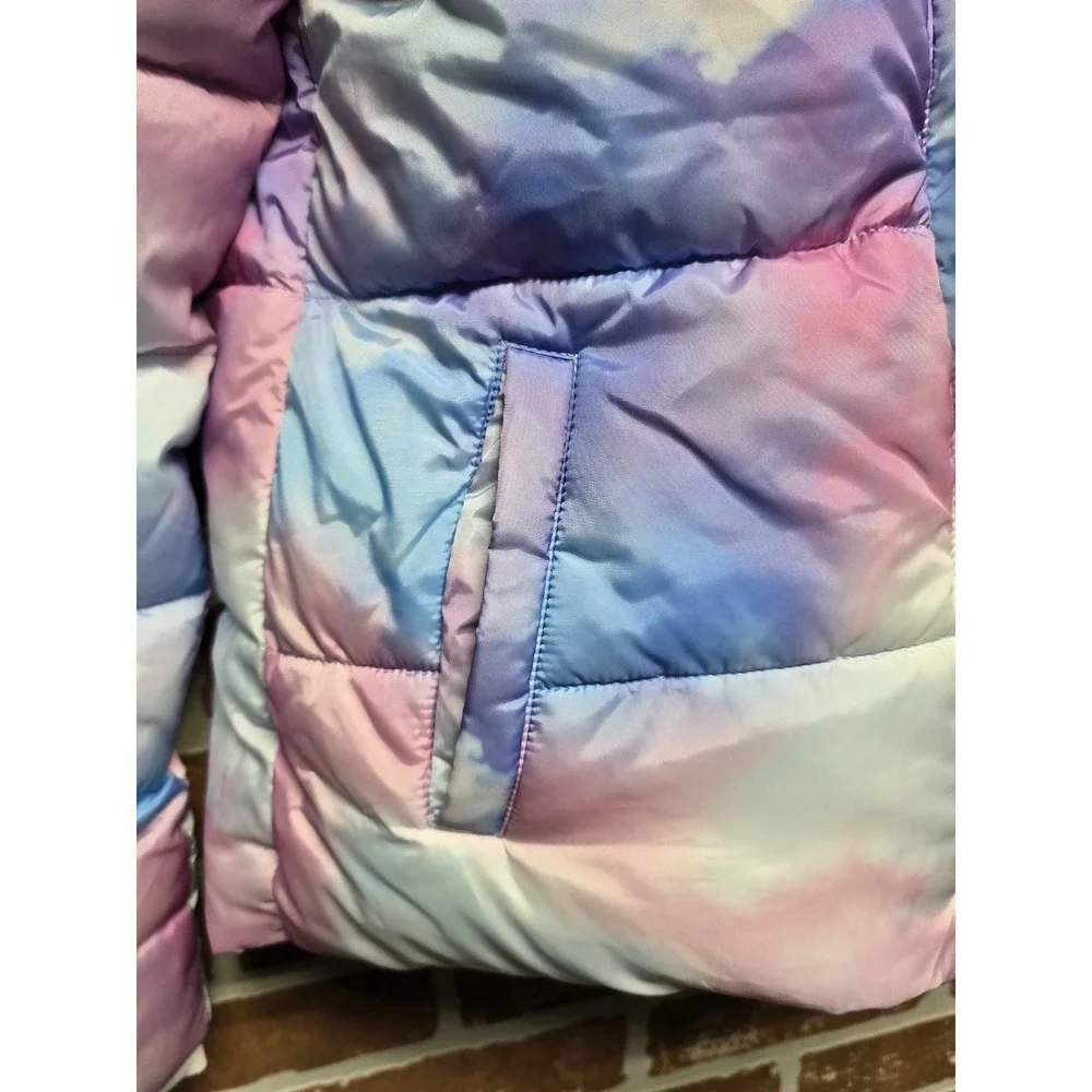 Justice Girls Puffer Jacket with Faux Fur Lined Hood Size L 12/14 Rainbow Pastel
